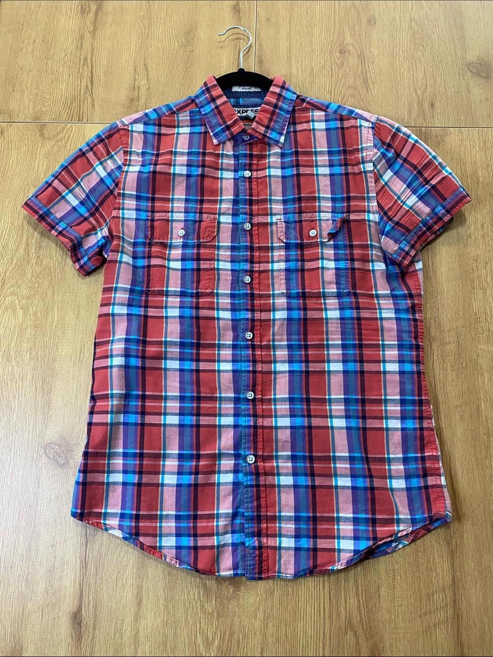 Express Red and Blue Plaid Short Sleeve Button-Down Shirt